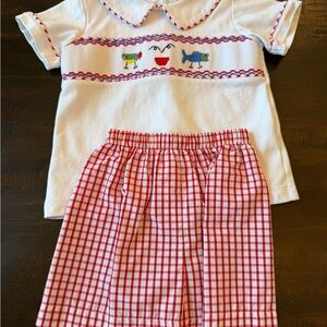 Red & White Kids Matching Set with Smocked Animal Detail